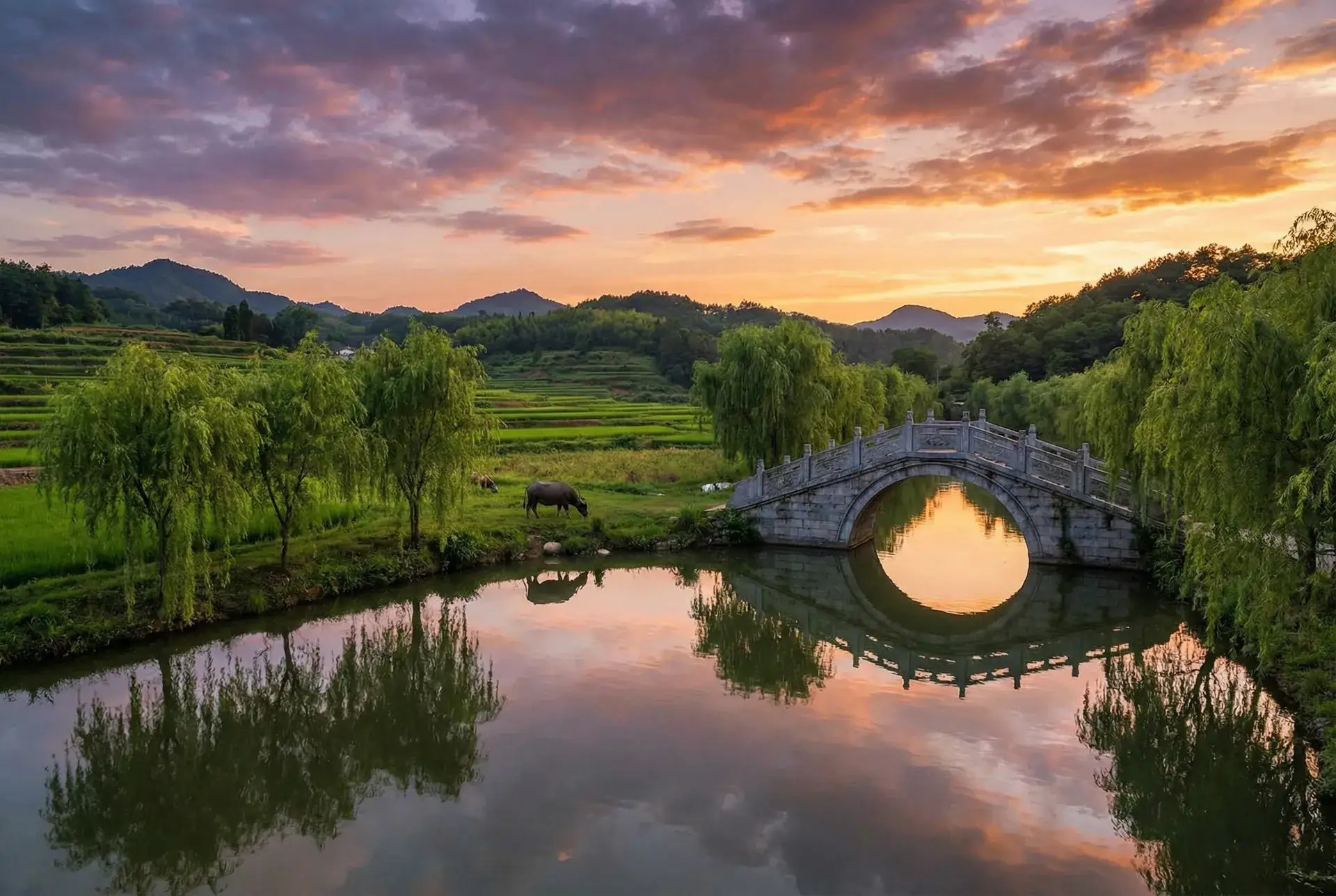 夕阳下的石拱桥与垂柳，水牛在河边吃草 - 3D肉蒲团之极乐宝鉴标清 乡村美景